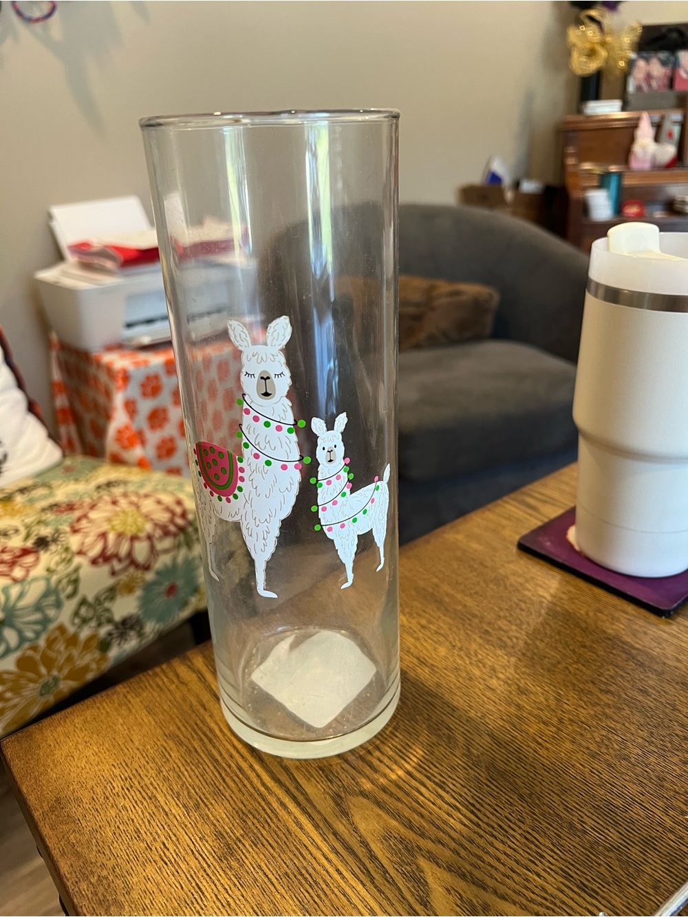 Glass Cylinder Vase with White Llama Motif